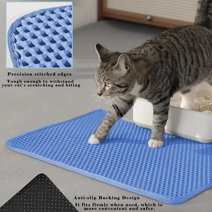 HCY&WLD Cat Litter Mat, Honeycomb Double Layer Cat Litter Trapping Mat, Waterproof Urine Proof Non-Slip, Scatter Control, Less Waste, Easier to Clean (Blue, 24" X 18")