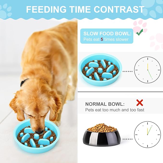 Slow Feeder Dog Bowls 3 in 1 Stainless Steel Dog Food and Water Bowls with Non-Spill Non-Skid Silicone Mat to Slow Down Eating for Large Medium Small Breed Size Dogs and Cats (Grey Blue)