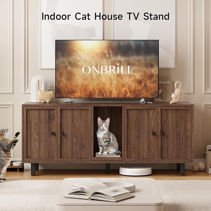 59 Inches Cat Litter Box Enclosure for 2 Cats, Hidden Litter Boxes Furniture with Cat Scratch Pad, Large Indoor Pet House with Double Room, Wooden TV Stand Side Table, Walnut