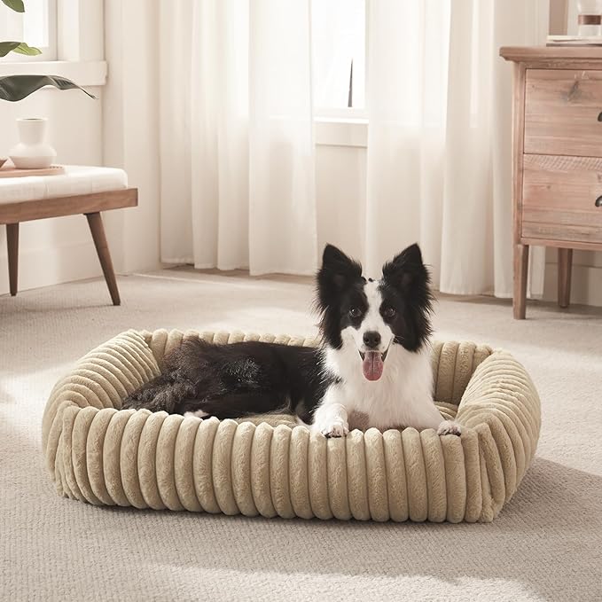 FURTIME Dog Bed for Small Dogs, Washable Orthopedic Dog Bed with Removable Cover, Rectangle Soft Calming Sleeping Puppy Bed Durable Pet Cuddler with Anti-Slip Bottom, Beige, S (20"x19"x6")