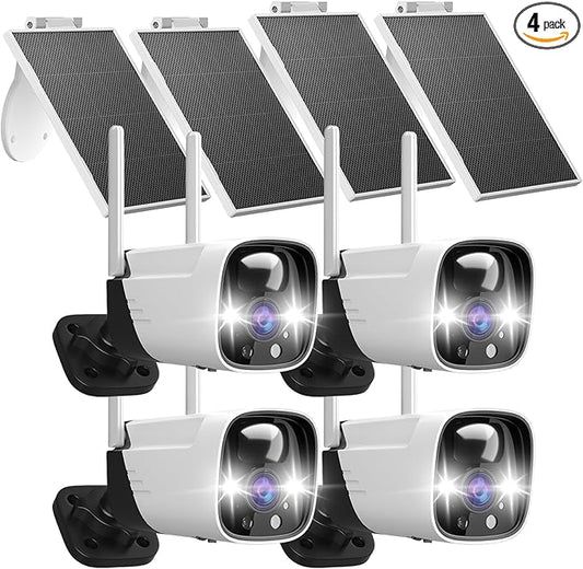 Rraycom 4 Pack Security Cameras Wireless Outdoor Solar Powered with AI Detection, 2K Color Night Vision Security Camera with 2 Way Audio, Alexa, No Monthly Fee, Spotlight & Siren, IP65 Waterproof