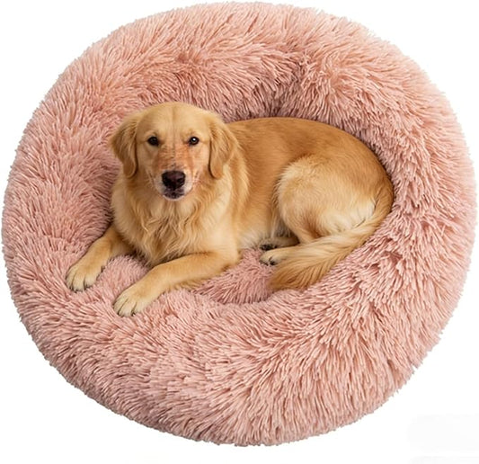 Calming Donut Dog Beds Large Sized Dog - Washable Removable Cover Non-Slip, Round Pet Bed Warming Fluffy Plush Faux Fur Anti-Anxiety Thick Cushion, Fits up to 80 lbs (Blush, 36")