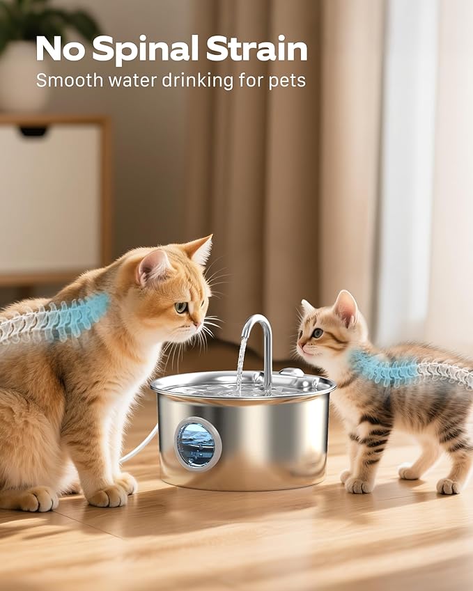 Pet Water Fountain Stainless Steel: Mental Cat Water Fountains with 8 Filters + 8 Sponges - 88oz/2.6L Noiseless Cats Waterer Bowl Dispenser - ATMZIQXR Kitten Drinking Fountains for Cats Indoor