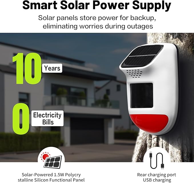 Solar Motion Sensor Alarm - 120dB IP65 Waterproof Security Siren with Remote & Strobe Light, 3 Modes for Yard/Farm/Home, 5-8m Pet-Friendly Detection (Animal Sound (Or You can add Your own Voice))