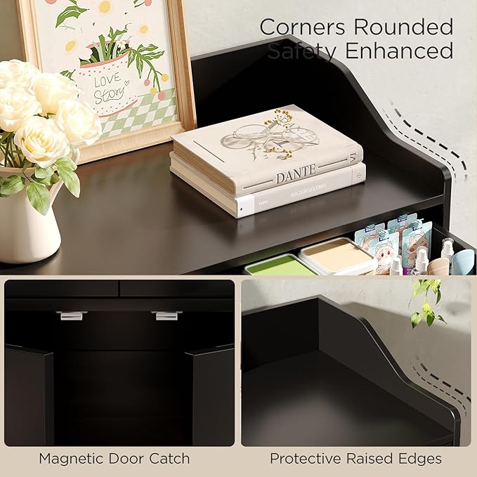 Cat Litter Box Enclosure Furniture, Wooden Hidden Litter Box Furniture with Double Rattan Scratching Board Doors, 2 Drawers, Litter Box Cabinet, Cat Cabinet, Black