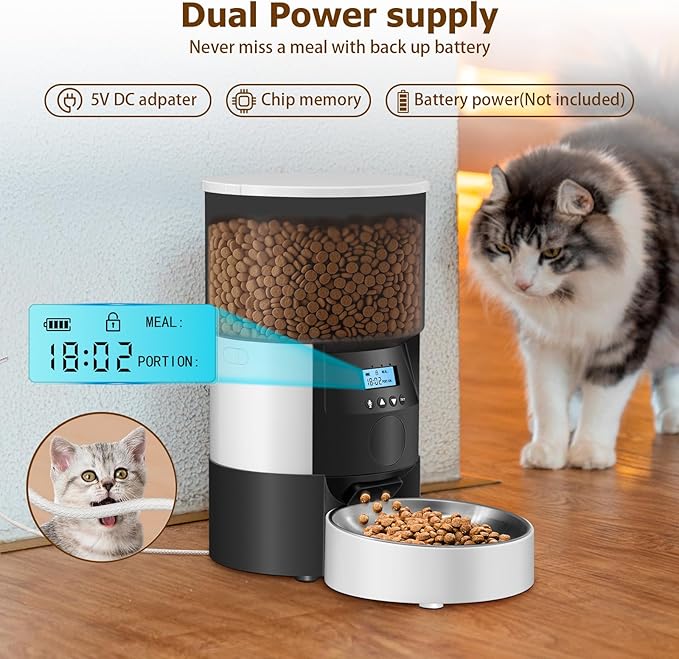 Ducksky Automatic Cat Feeder, 3L Timed Dog Food Dispenser, Auto Dry Food Feeders for Pets, Programmable Portion Control, 4 Meals/Day, Dual Power Supply, 10s Voice Recorder (White and Black - Basic)
