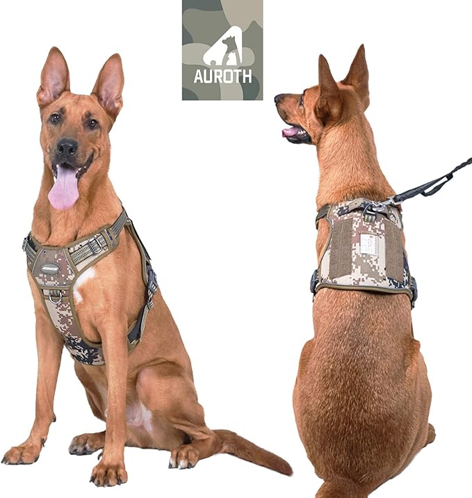 Auroth Tactical Dog Harness for Large Dogs No Pull Adjustable Pet Harness Reflective K9 Working Training Easy Control Pet Vest Military Service Dog Harnesses Desert Camo XL