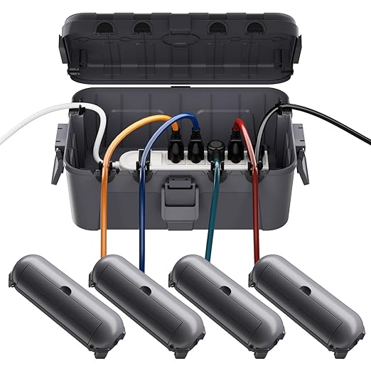 RESTMO 5-Piece Outdoor Waterproof Electrical Box Set – 12.5" x 8.5" x 5" Large & 7.1" x 2.3" x 2.3" Small, Weatherproof Boxes for Power Strip, Outlet, Plug, Socket, Timer, Holiday Light, Gray
