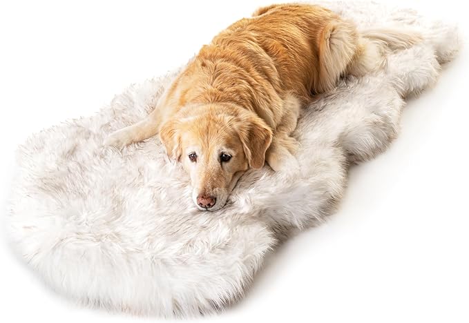 PAW BRANDS PupRug Orthopedic Dog Bed for Large Dogs with Fluffy Soft Faux Fur and Memory Foam for Joint Pain Relief, Machine Washable and Waterproof Couch Bed, White Runner, Large/Extra Large