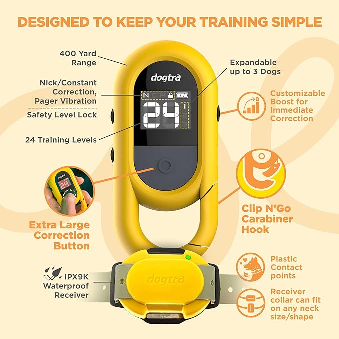 Dogtra CUE Yellow – E-Collar for Dogs Training Collar with Remote – Training Made Easy for Everyday Dog Owners – Gentle Vibration, Custom Boost, Waterproof, Rechargeable, 400-Yard Range System