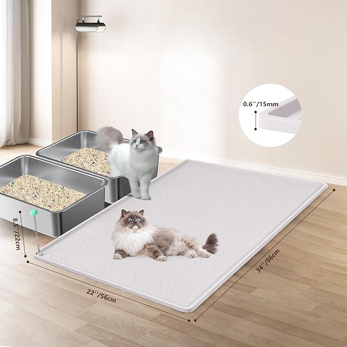 Large Cat Litter Mat with Toy Ball, 34'' x 22'' Silicone Cat Litter Trapping Mat for Scatter Control, Soft on Kitty Paws, Easy to Clean (White)