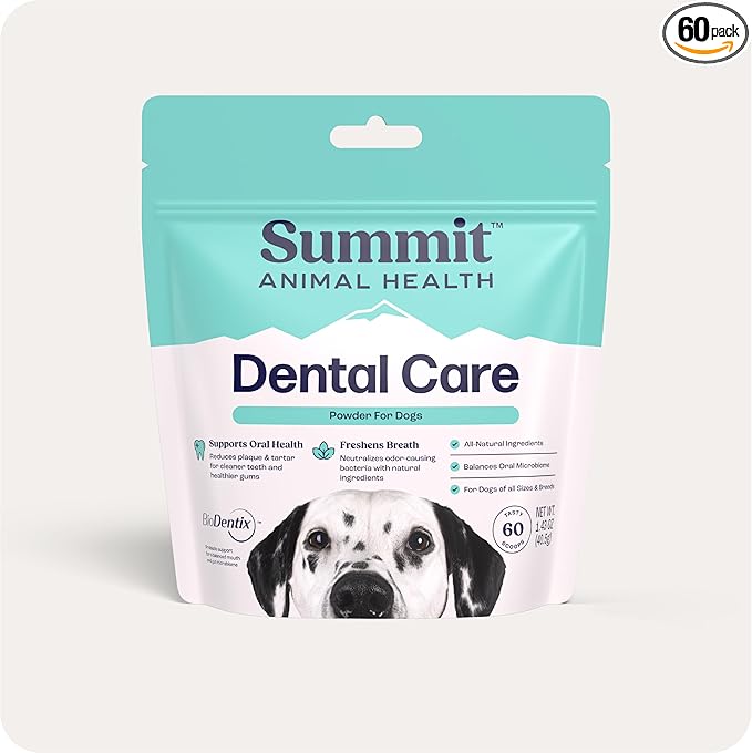 Summit Dental Care for Dogs – All‑Natural No‑Brush Dental Powder for Fresh Breath & Healthy Gums – Easy Add‑to‑Food Supplement – 60 Scoops