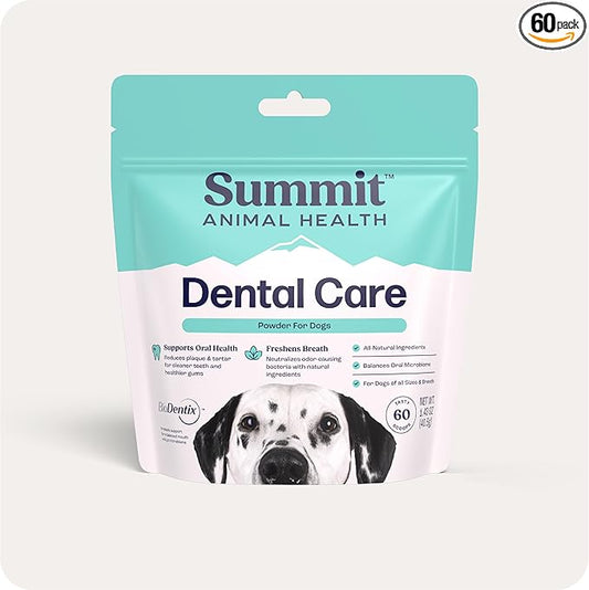 Summit Dental Care for Dogs – All‑Natural No‑Brush Dental Powder for Fresh Breath & Healthy Gums – Easy Add‑to‑Food Supplement – 60 Scoops
