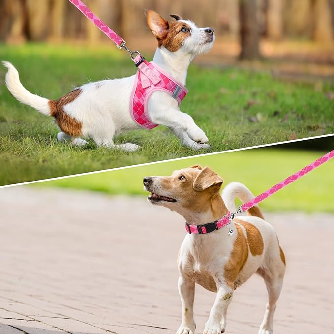 SCENEREAL Small Dog Harness and Leash Collar Set, Step in No Pull Soft Mesh Dog Harnesses for Small Medium Sized Dogs Puppy and Cats Outdoor Walking, No Chock Reflective Vest Harness, Pink Plaid XS