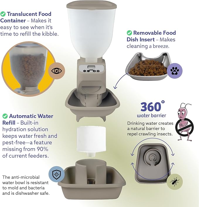 Feeding Friend® Automatic Dog & Cat Food Feeder with Water Dispenser – Smart Pet Feeder with Portion Control, OLED Display, Anti Jam Design, Battery Operated Dispenser for Medium Pets 15-30 lbs- Taupe