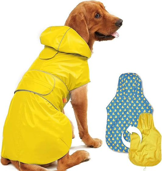 Dog Raincoat Reversible, Single Side Slicker Poncho Adjustable Waterproof Dog Rain Jacket with Leash Hole/Reflective Stripe Hooded Snowproof Windproof Clothes for Small to 3X-Large Dogs, 2XL