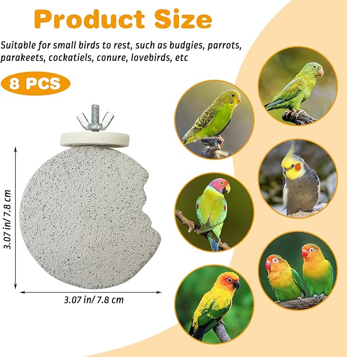 PINVNBY 8 PCS Bird Perch Parrot Beak Grinding Stone Calcium Mineral Parrot Perch Foot Claws Trimmer Chewing Toy Bird Cage Accessories for Small Medium Budgie Cockatiel Conure Lovebird (Lune)