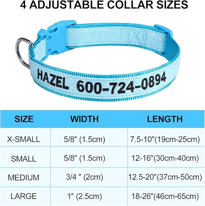 Personalized Reflective Dog Collars, Custom Glowing Luminous ID Collar Embroidered Name and Phone Number 4 Adjustable Sizes X-Small Small Medium Large for Boy and Girl Dogs (Fluorescent Glow)