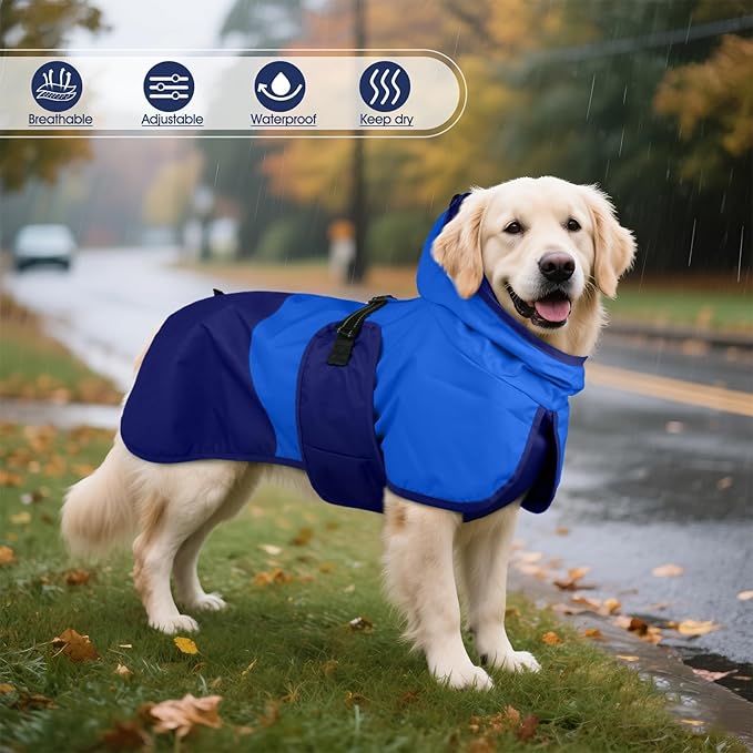 BRKURLEG Dog Raincoat Adjustable Dog Rain Jacket with Hood Dogs Waterproof Rainproof Jacket with Leash Hole Pet Poncho Rain Coat Poncho with Reflective Strip, Blue, XXXL
