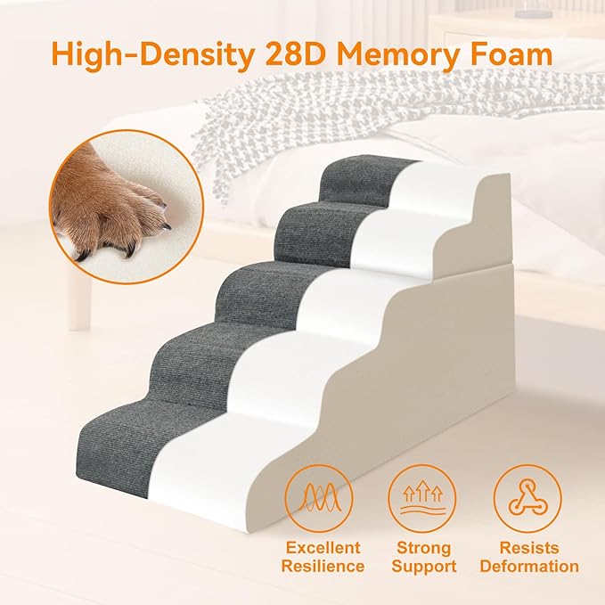 5-Steps Dog Stairs for High Bed and Couch 21.3" H, Wider Pet Stairs for Small Old Large Cats, 30° Steady Non-Slip Dog Steps Ramp with Removable Cover, PE Boards