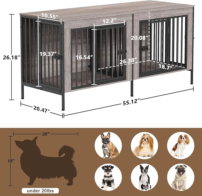 EasyCom Dog Crate Furniture for 1 or 2 Dogs, Heavy Duty Single/Double Dog Crates for Small/Medium/Large Dogs, Dog Kennel Furniture Indoor as TV Stand, Small Size 55.12" L(0-20 Pounds), Oak Grey