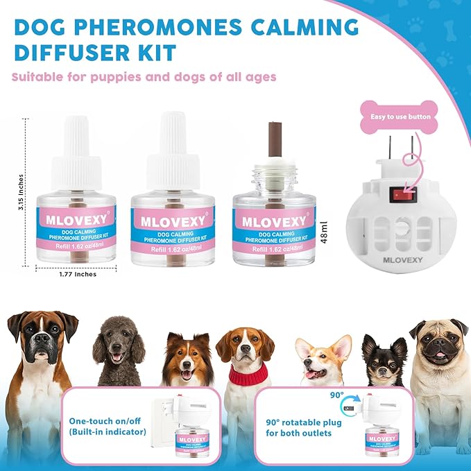 Calming Diffuser for Dogs to Relieve Stress, Dog Calming Diffuser for Anxiety Relief , Dog Pheromones Calming Diffuser to Reduce Aggression Fighting , Help Train Dog to Pee (3 Refills 1 Diffuser)