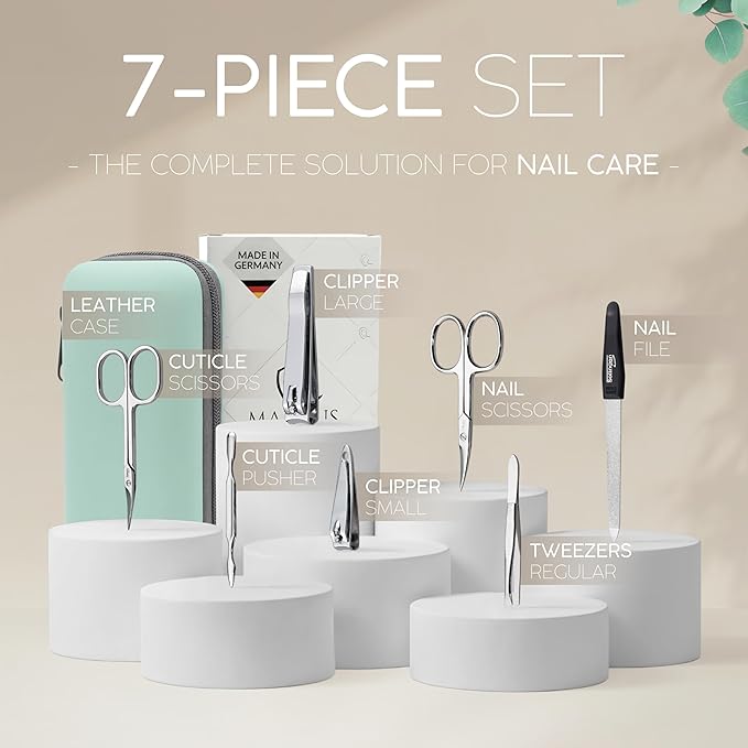 Manicure Set Solingen Made in Germany - 7 Piece Exclusive Finger & Toe Nail Clippers Kit for Women and Men in Real Leather Case, Color Mint