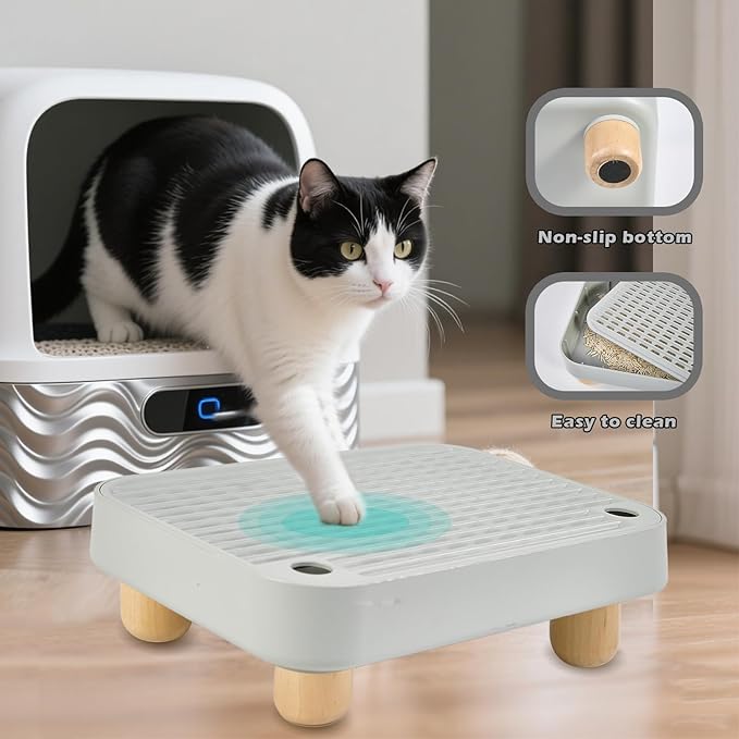 SpaceTime Elevated Cat Litter Mat for Litter Box,Trapping Litter Ramp/Steps for Floor Indoor,Washable Easy Cleaning Cat Pad with Filter Function,Suitable for Kitty & Senior Cats (Grey-Elevated Wooden)