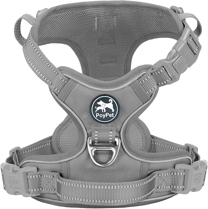 PoyPet No Pull Dog Harness, No Choke Reflective Dog Vest, Adjustable Pet Harnesses with 2 Leash Attachments with Easy Control Padded Handle for Small Medium Large Dogs(Gray,L)