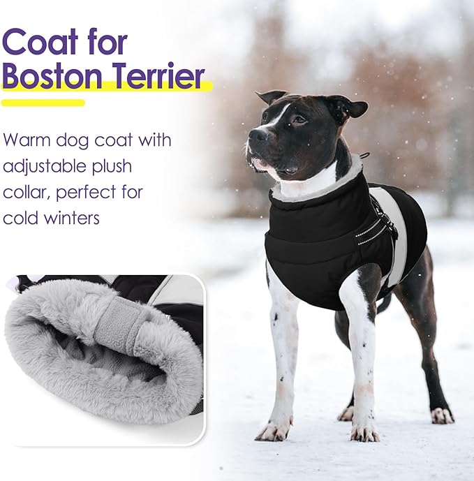 SUNFURA Dog Coat, XXL Dog Jacket Winter with Harness Built in, Waterproof Pet Snow Jacket with Furry Collar for Chilly Day, Reflective Fleece Snowsuit for Extra Large Dogs, Black 2XL