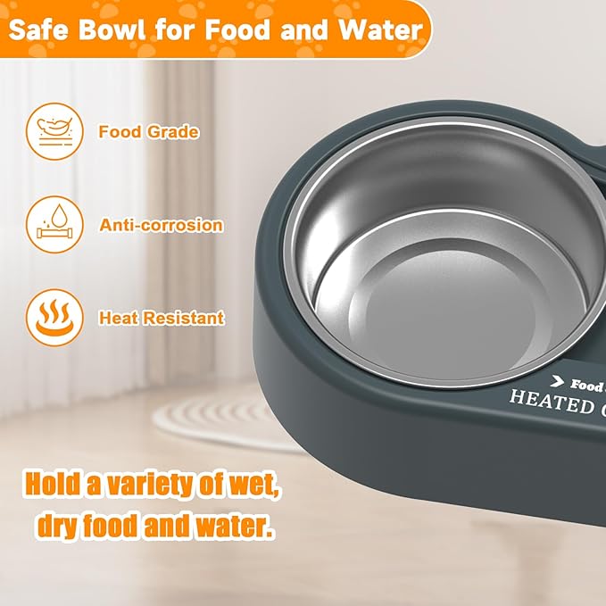 Heated Cat Bowl in Winter, Outdoor Heated Pet Bowl with Double Stainless Steel Bowl 23 OZ, Heated Water Food Bowl for Cat Pet, Thermal Pet Bowl Provide Drinkable Water and Hot Food.