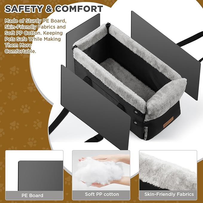 Upgraded Zipper Center Console Dog Car Seat for Small Dogs, Pet Booster Seat with Safety Hook & Adjustable Strap,Washable Center Console Car Bed with Storage Pocket for Pets up to 15lbs