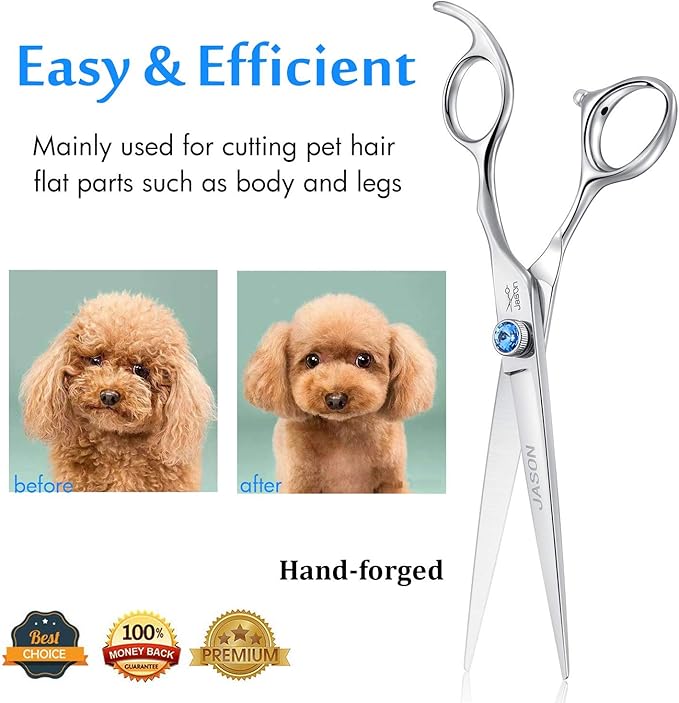 JASON 7" Straight Dog Grooming Scissors, Ergonomic Pets Grooming Shears, Premium Cats Trimming Kit with Offset Handle and Jewelled Screw, Sharp, Comfortable Christmas Gift