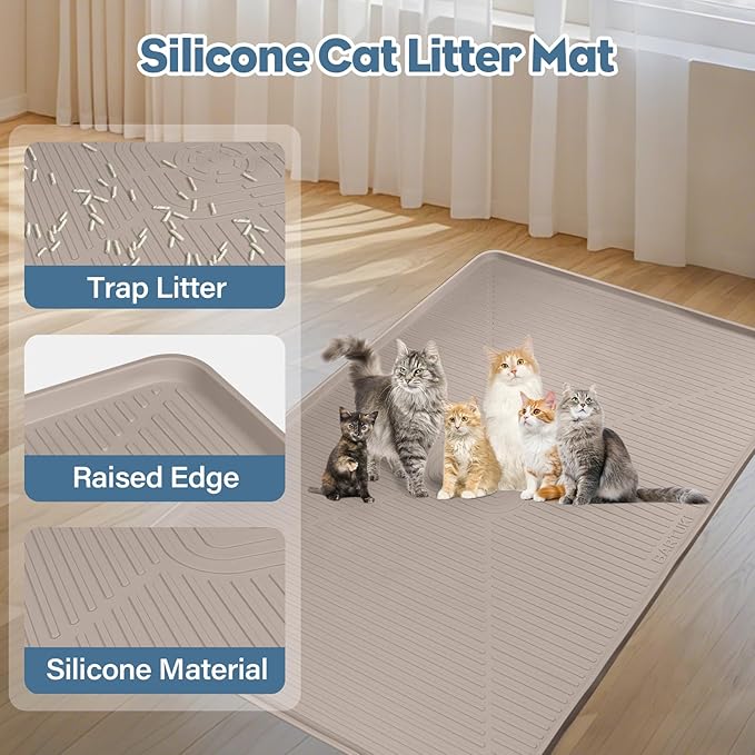 Lorvain Cat Litter Mats, 45" x 30" Extra Large Silicone Cat Mat for Litter Box, Easy to Clean Kitty Litter Trapping Mat, Soft on Kitty Paws, Waterproof, Urine-Proof Kitty Litter Mats for Floor, Beige
