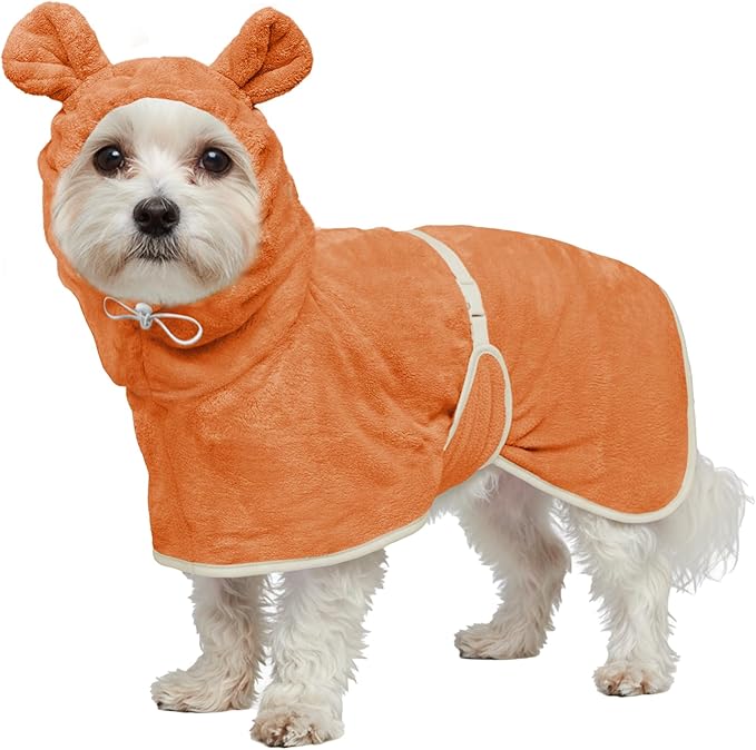 Dog Bathrobe Super Absorbent Towel Robe - Microfiber Bath Towels Fast Drying Coat for Dogs, Cute Dogs Clothes Adjustable Collar & Belly Strap Warm Keeping Hooded Dog Towel (Orange, Medium)