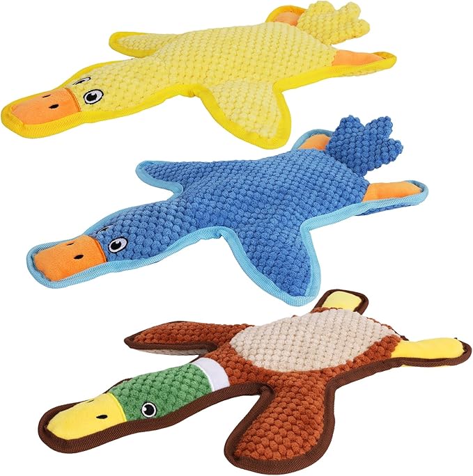 Dog Toys 3-Pack Cute Duck Shapes Puppy Toys No-Stuffing Squeaky and Crinkle Interactive Dog Chew Toy for Small to Large Breeds