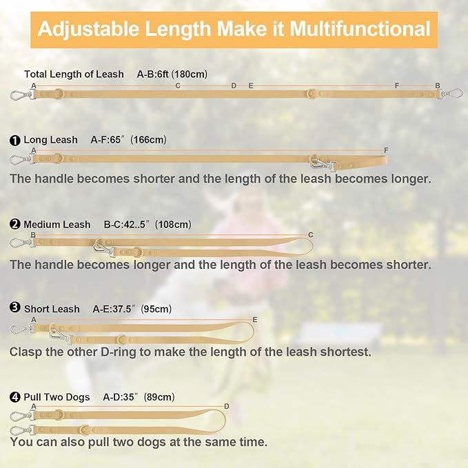 Wisedog Waterproof Dog Leash – 5ft/6ft Adjustable with 2 Metal Swivel Hooks, Easy to Clean Dog Leashes for Small, Medium, Large Breed Dogs (Sand Color L)