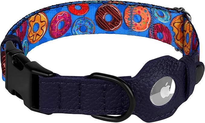 AirTag Dog Collar with Metal Buckle - Printed Nylon Soft Leather Dog Collar with Apple AirTag Holder - Secure Tracking GPS Pet Collars for Girl Boy Small Large Dogs (S, 12"-15" Neck Fit, Donuts)