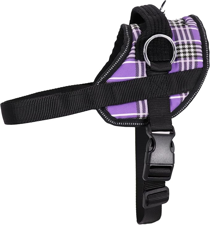 Bark Appeal Purple Plaid No-Pull Dog Harness for Small to Medium Sized Pets – Adjustable, Reflective Vest with 3 Leash Clips for Added Control, Easy Walks & Training – Medium