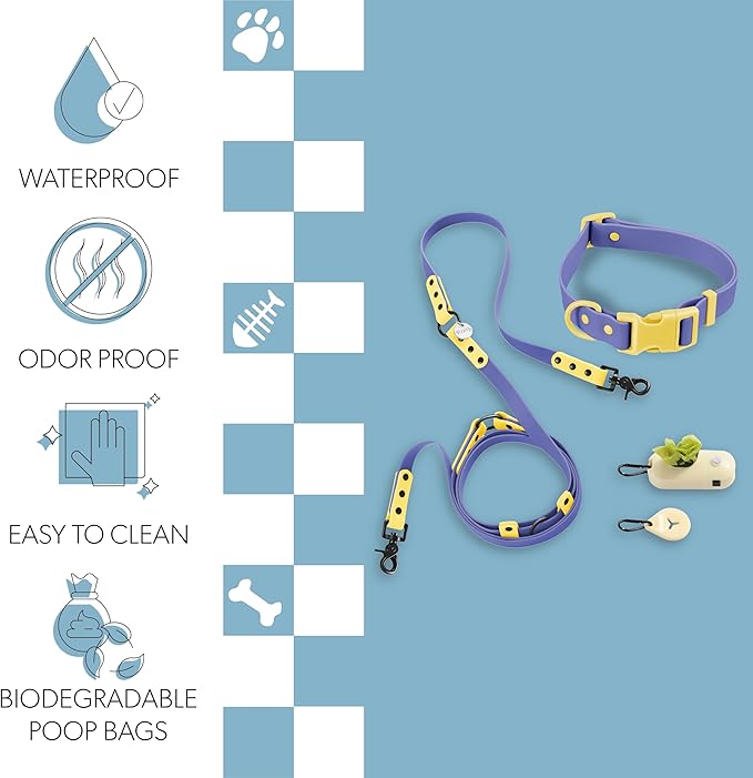 WLK1006C-5SET Luna Large 8FT Adjustable 6-in-1 Waterproof Hands-Free Leash and Collar with LED Flashlight, Bag Dispenser, and Poop Bag Holder, Curaçao