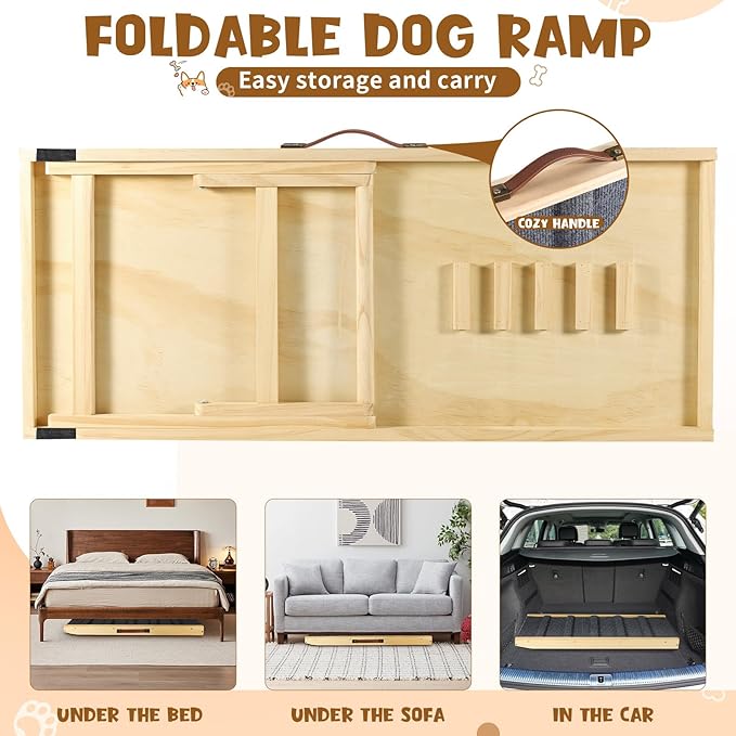 Upgraded Dog Ramp for Couch, Foldable Small Dog Pet Ramp for Low Bed, 5 Adjustable Height from 12'' to 20" Dog Stairs with Non-Slip Pad, 13.8" Wide Wooden Pet Steps for Dogs to Get on Bed Couch Car