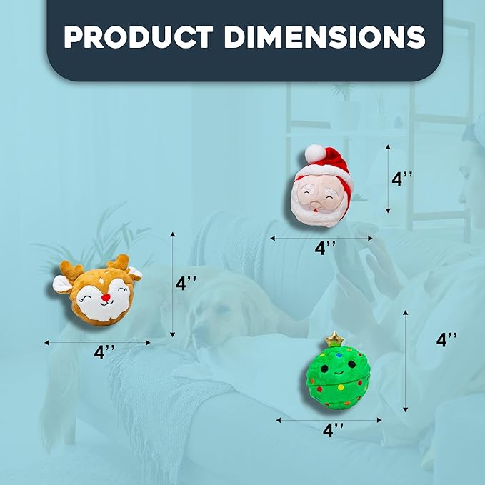 Flourish Pets 2 in 1 Christmas Multi-Layer Chew Toy for Active Dogs | Non-Toxic BPA Free Double Stitched Soft Fabric and Long-Lasting Dog Plush Toys - Christmas 3.5" (Pack of 3)