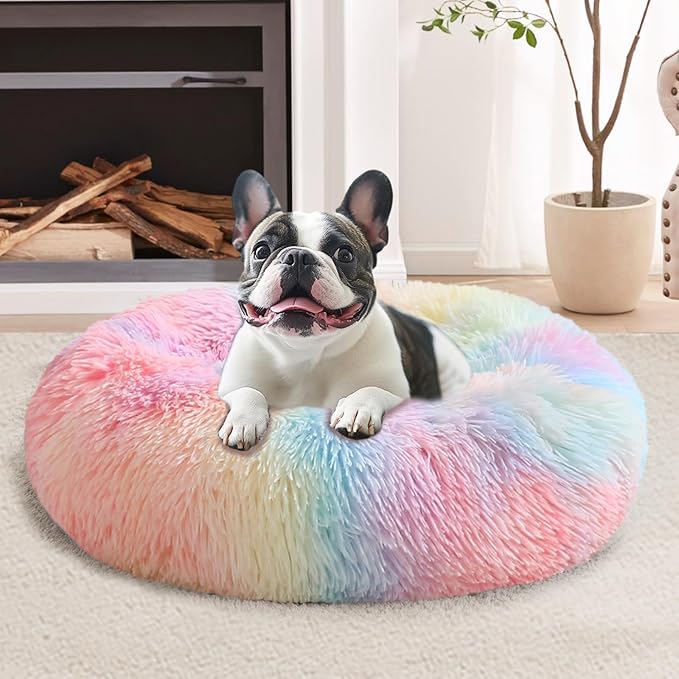 JOLLYVOGUE Calming Dog Bed for Small Dogs - 23 inches Donut Washable Small Dog Bed for Kittens & Puppies, Anti-Slip Round Fluffy Plush Faux Fur Cat Beds (Fits up to 25 lbs Pets, Rainbow)