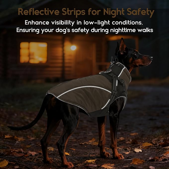 ASENKU Reflective Dog Coat with Built-in Harness, Windproof Fleece-Lined Dog Jacket for Small, Medium, Large Dogs, Warm Winter Vest with Turtleneck & Zipper (Khaki S)