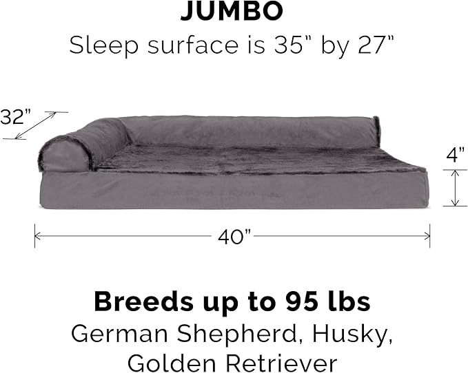 FurHaven Orthopedic Dog Bed & goDog Toy - Squeaky Plush Dino with Chew Guard for Large Dogs - Plush & Velvet L Shaped Chaise - Platinum Gray, Jumbo/XL