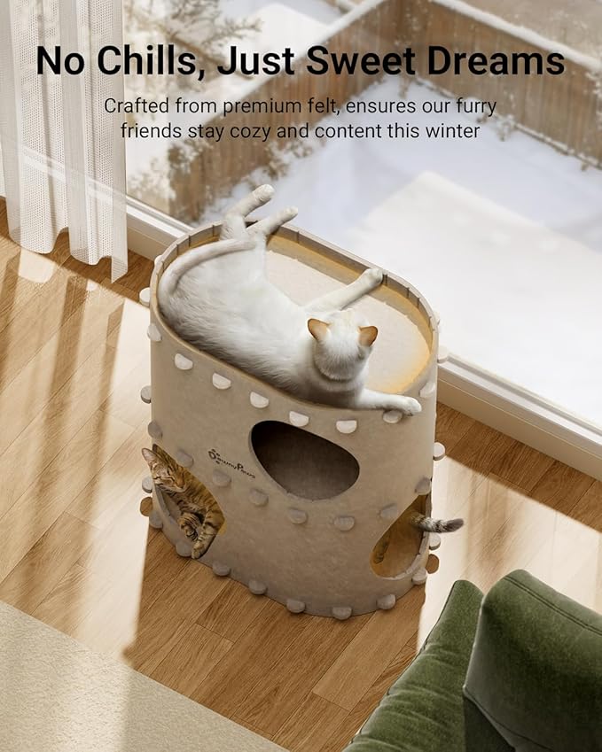 DownyPaws Cat House for Indoor Cats, 2-Storey Foldable Cat Bed Cave, Felt Cats Tunnel Bed Condo, Castle Kitten Cube Hideaway for Multicats, Scratch Resistant, Cream