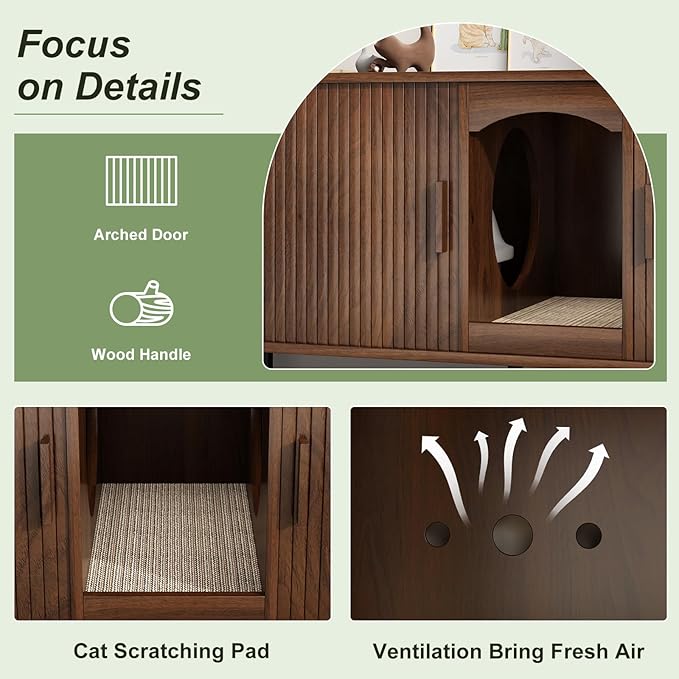 Double Cat Litter Box Enclosure Furniture, 59" Large Hidden Litter Box Furniture with Scratching Pad, Wood Pet House for 2 Cats, Indoor Modern Cabinet TV Stand for Living Room, Walnut