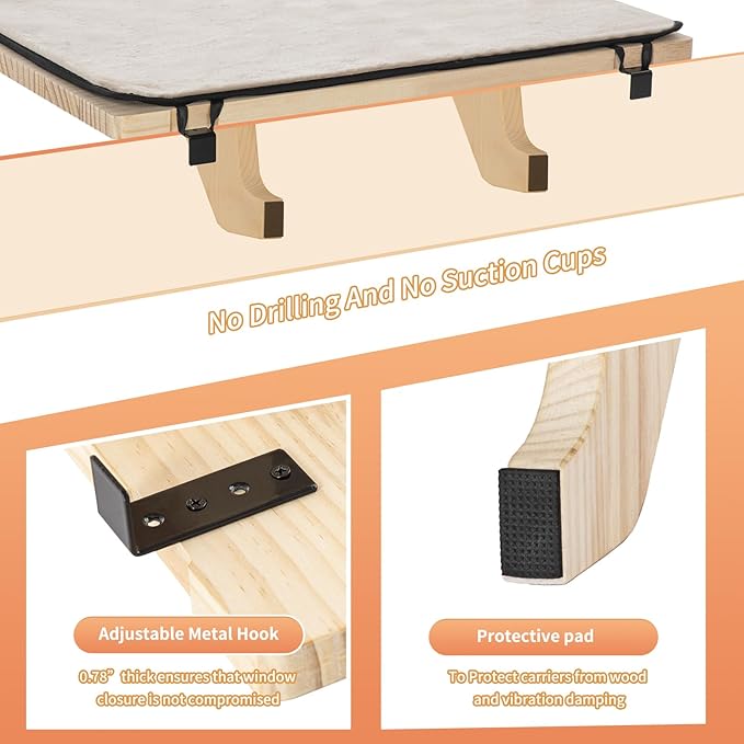 PETSFIT Cat Window Perch, Natural Solid Wood Cat Hammock with Removable Fleece Mat, Easy to Assemble Window Perch for Large Cats, Fits Windowsill, Bedside & Drawer