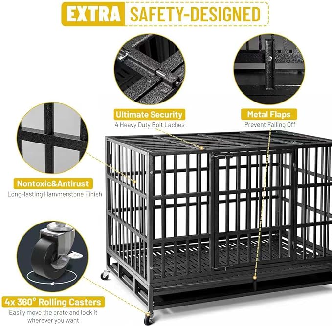 Escape-Proof Heavy Duty 38" Dog Crate, Indestructible Steel Kennel for Large & High-Anxiety Dogs with 300Lbs Capacity, Double Door Design with 4 Locking Wheels and Reinforced Baseplate.