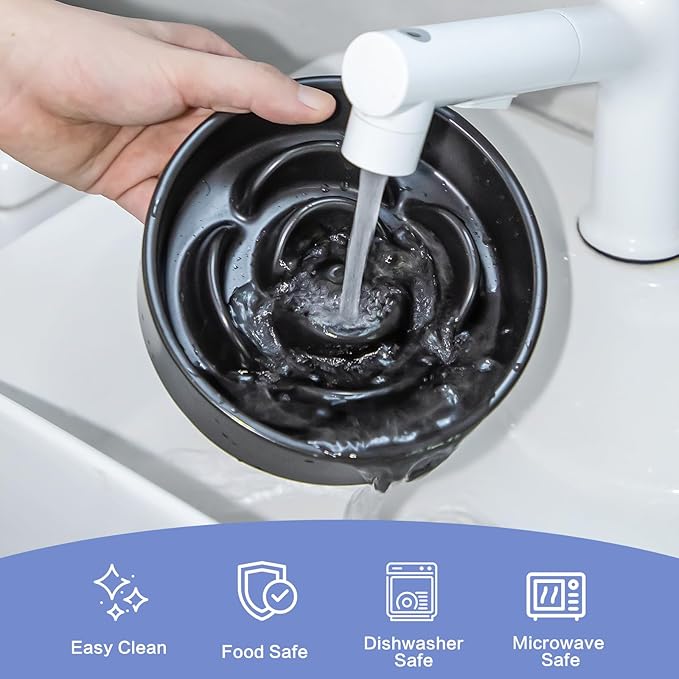 6'' Ceramic Slow Feeder Dog Bowls - Petal Shape Modern Dog Food Dish for Cats and Small Breed Dogs, Puzzle Maze Bowl to Slow Down Eating, Anti-Gulping, Dishwasher & Microwave Safe, Black